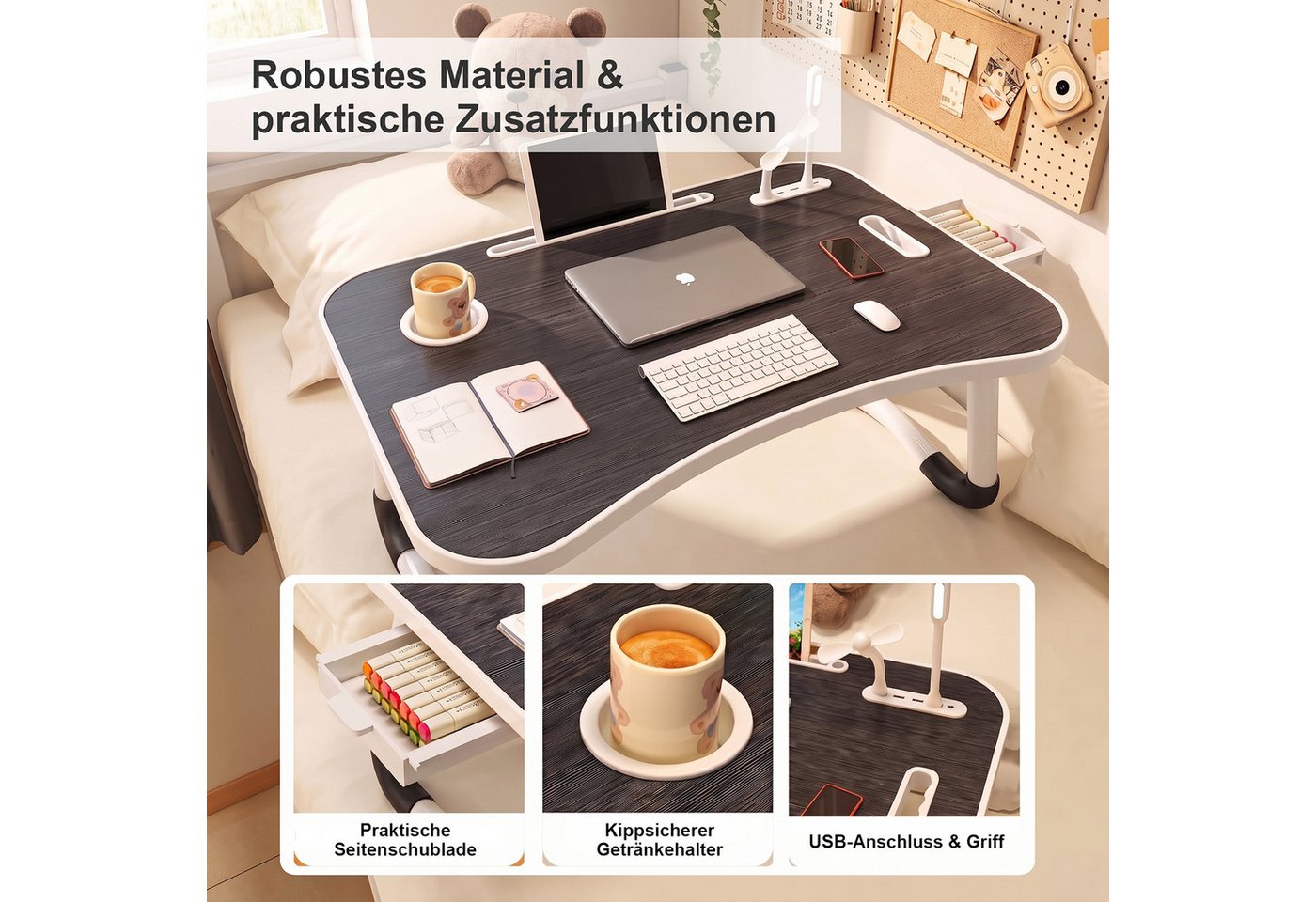 HEYHIPPO Laptoptisch Klappbarer Laptoptisch, mit Schublade, Becherhalter & 4 USB, stabil (Packung, Stabile W-förmige Tischbeine, wasserfeste Platte,für Lernen,A – Bild 5 von 5