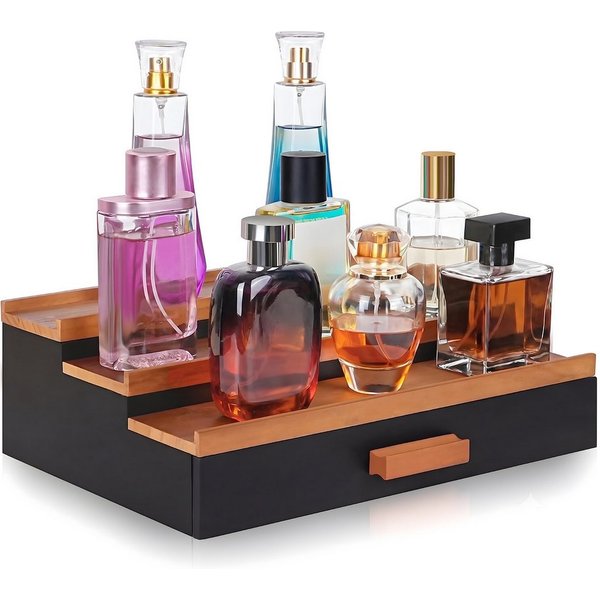 HEYHIPPO Make-Up Organizer 3-stöckiger Parfüm-Ständer aus Holz, mit Schublade, 32×22×10,5 cm, Stufenförmiger Kosmetik-Ständer–Präsentationsregal für Parfüm& Mak