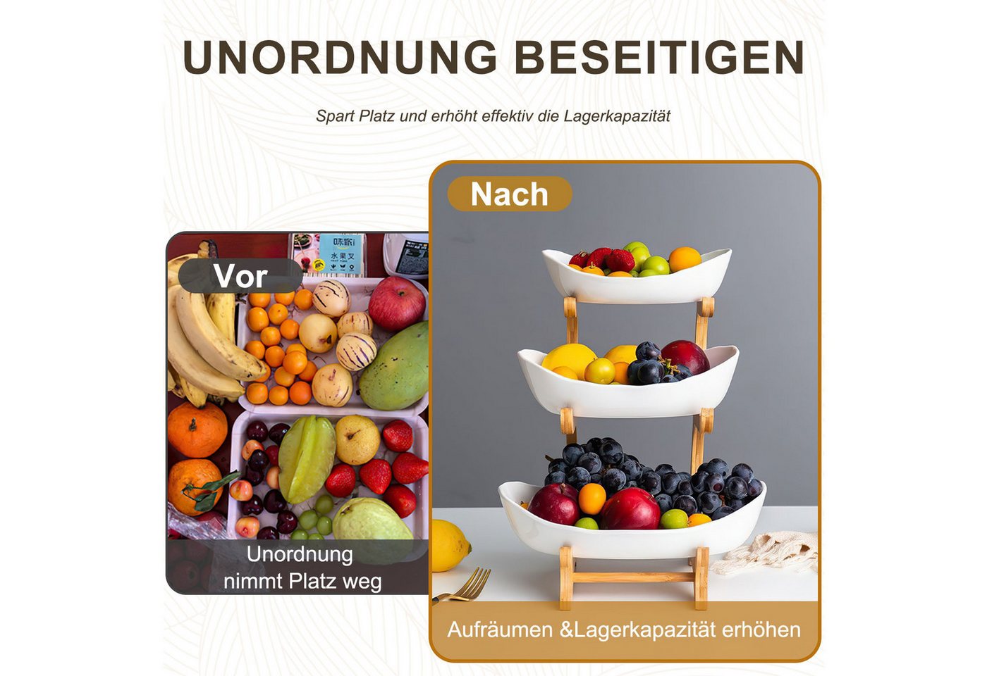 HEYHIPPO Obstschale Dreistöckiger Obstständer, gestufter Obstkorb aus Bambus, weiß, (Dreistöckiges Obsttablett), Rutschfestes, leicht zu reinigendes Stufenregal – Bild 4 von 5