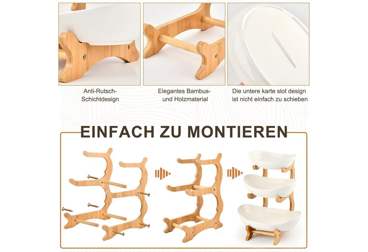 HEYHIPPO Obstschale Dreistöckiger Obstständer, gestufter Obstkorb aus Bambus, weiß, (Dreistöckiges Obsttablett), Rutschfestes, leicht zu reinigendes Stufenregal – Bild 5 von 5