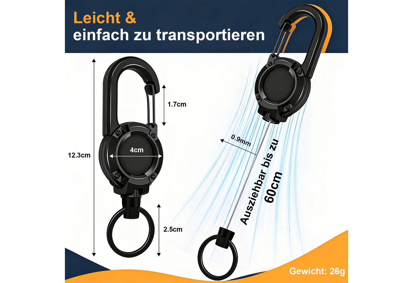 HEYHIPPO Schlüsselanhänger Multitool Karabiner – ausziehbarer Schlüsselanhänger & Badgehalter (Set, ausziehbare Schlüsselhalter mit Kordel– für Ausweise & Schlü – Bild 2 von 5