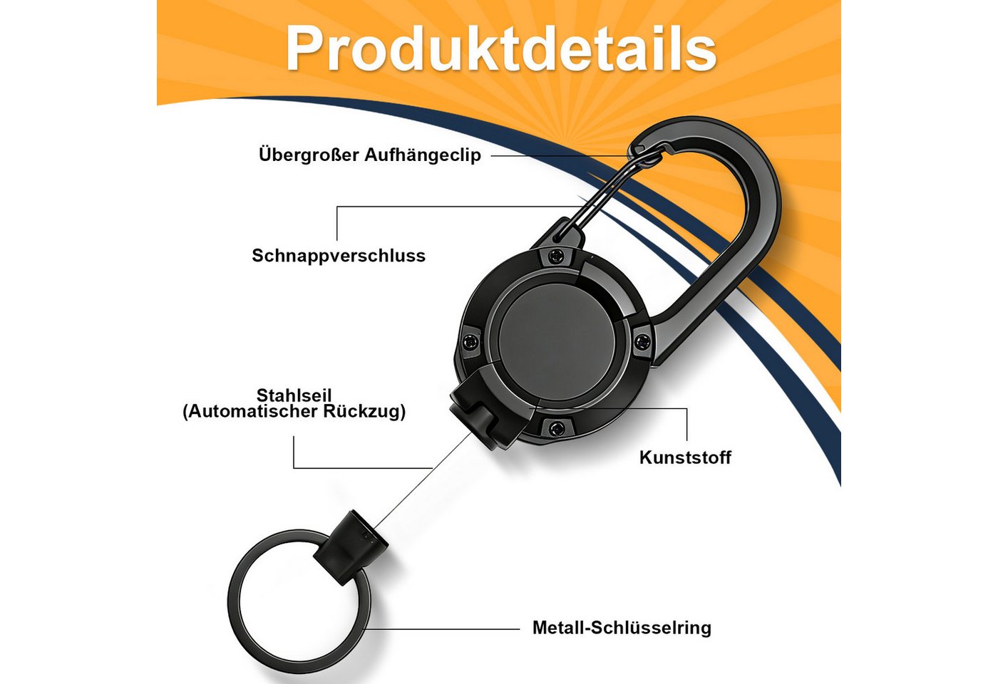 HEYHIPPO Schlüsselanhänger Multitool Karabiner – ausziehbarer Schlüsselanhänger & Badgehalter (Set, ausziehbare Schlüsselhalter mit Kordel– für Ausweise & Schlü – Bild 4 von 5