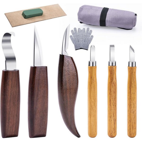 HEYHIPPO Schnitzmesser Holzschnitz-Set 10tlg.-Messer,Hohleisen&Zubehör, für Anfänger & Profis, (set, 10 St., Schnitzwerkzeug, für Figuren, Schalen, Löffel– idea
