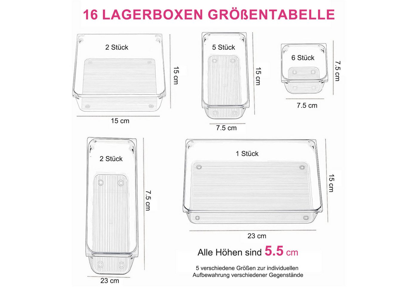 HEYHIPPO Schubladenbox 16 Schubladen-Organizer,5 Größen von Aufbewahrungsboxen für Krimskrams, (16er-Packung, Büroaufbewahrung, Kosmetik-Aufbewahrungsbox-Set, r – Bild 2 von 5