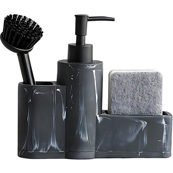 HEYHIPPO Seifenspender Küchenseifenspender,Badezimmer-Accessoire-Set, Spülbürsten-Set schwarz, (3-in-1 Spülbecken-Reinigungsset mit Bürste 20×19,5cm), Marmorstr