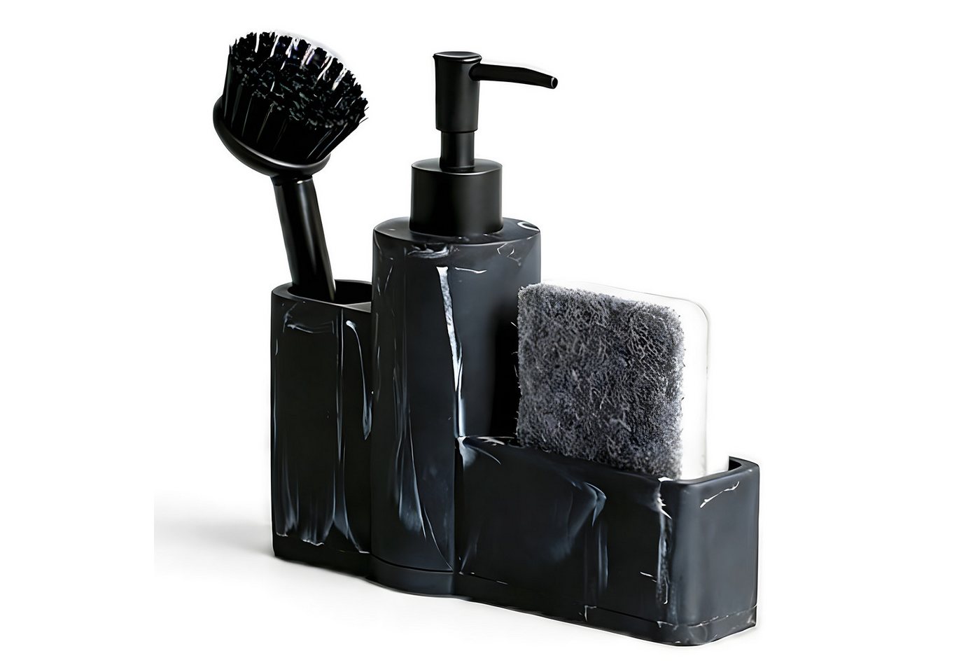 HEYHIPPO Seifenspender Küchenseifenspender,Badezimmer-Accessoire-Set, Spülbürsten-Set schwarz, (3-in-1 Spülbecken-Reinigungsset mit Bürste 20×19,5cm), Marmorstr – Bild 2 von 5