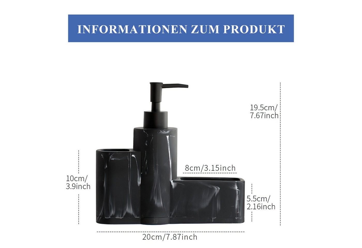 HEYHIPPO Seifenspender Küchenseifenspender,Badezimmer-Accessoire-Set, Spülbürsten-Set schwarz, (3-in-1 Spülbecken-Reinigungsset mit Bürste 20×19,5cm), Marmorstr – Bild 3 von 5