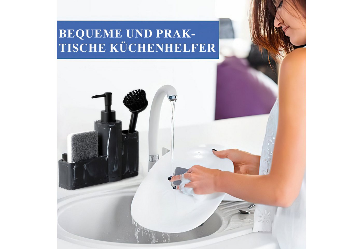 HEYHIPPO Seifenspender Küchenseifenspender,Badezimmer-Accessoire-Set, Spülbürsten-Set schwarz, (3-in-1 Spülbecken-Reinigungsset mit Bürste 20×19,5cm), Marmorstr – Bild 4 von 5