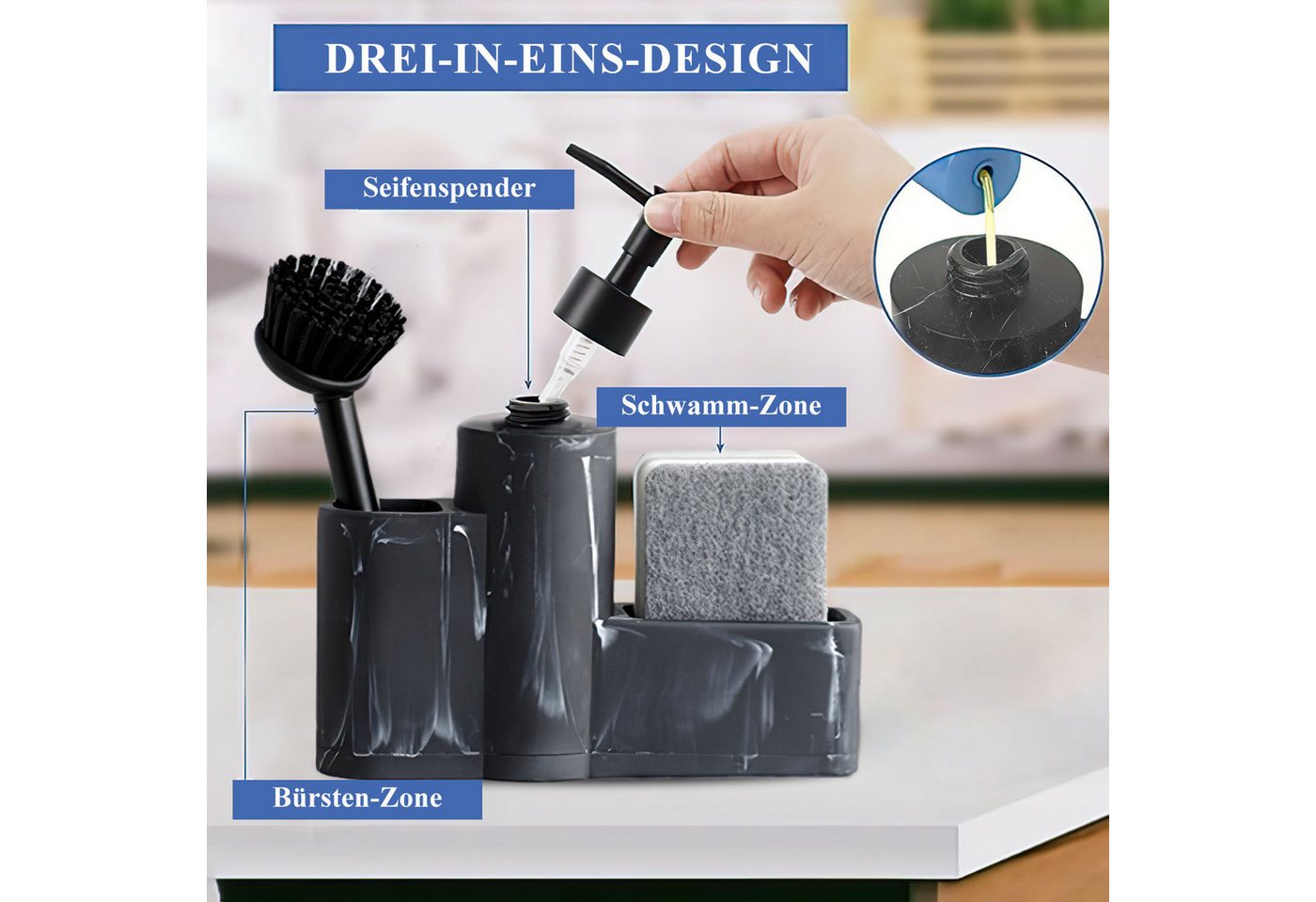 HEYHIPPO Seifenspender Küchenseifenspender,Badezimmer-Accessoire-Set, Spülbürsten-Set schwarz, (3-in-1 Spülbecken-Reinigungsset mit Bürste 20×19,5cm), Marmorstr – Bild 5 von 5