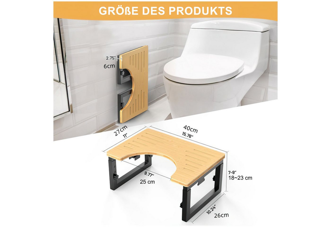 HEYHIPPO Tritthocker Klappbarer Toilettenhocker Höhenverstellbarer Fußhocker Holzfarbe (Stabiler und tragbarer Toilettentritthocker mit geringem Platzbedarf, Ei – Bild 2 von 5