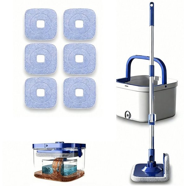 HEYHIPPO Wischmopp-Set Rotationsmopp-Set mit 2-Kammer-Eimer &6 Mikrofaserpads,Stiel 109–130cm, (Spin Mop Set mit Eimer, Faltbarer Quadrat-Mopp, handfrei, für sc