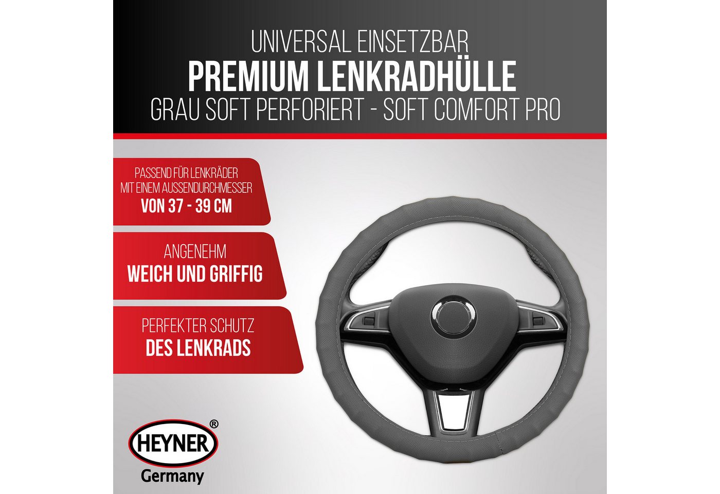 HEYNER Lenkradbezug Lenkradhülle Auto 37–39 cm, grau, weich und perforiert, (1-tlg) – Bild 2 von 5