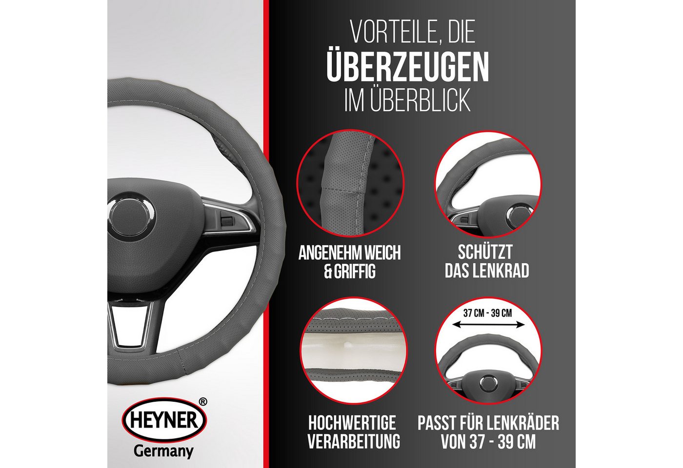 HEYNER Lenkradbezug Lenkradhülle Auto 37–39 cm, grau, weich und perforiert, (1-tlg) – Bild 4 von 5
