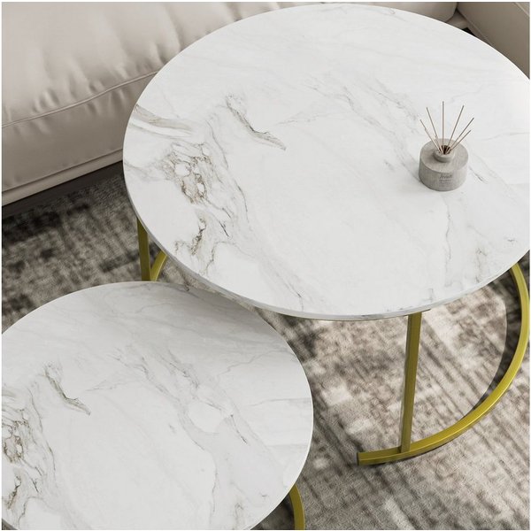 HEYZOEY Couchtisch Couchtisch Rund 2er Set, Wohnzimmertisch Gold Metall, Marmor Weiß (2er Set)
