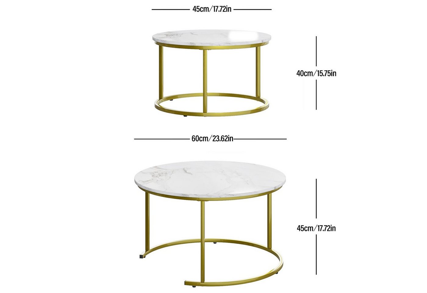 HEYZOEY Couchtisch Couchtisch Rund 2er Set, Wohnzimmertisch Gold Metall, Marmor Weiß (2er Set) – Bild 3 von 5
