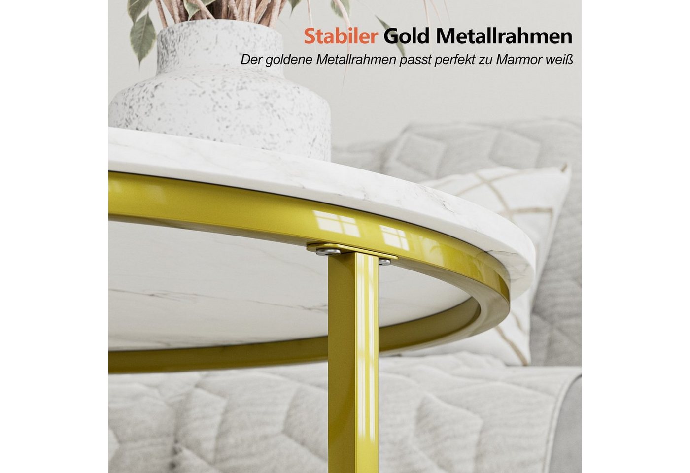 HEYZOEY Couchtisch Couchtisch Rund 2er Set, Wohnzimmertisch Gold Metall, Marmor Weiß (2er Set) – Bild 5 von 5