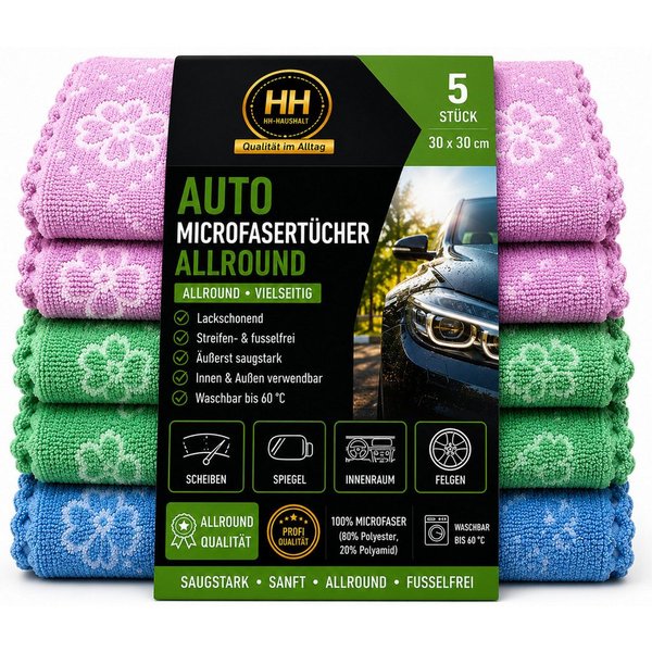HH-Haushalt Auto Microfasertücher Allround 30 x 30 cm 5er Set Pflegetuch (Polyester, 30x30 cm, CleanPro – Allroundtalent für jede Oberfläche, 5-tlg., Für alle O