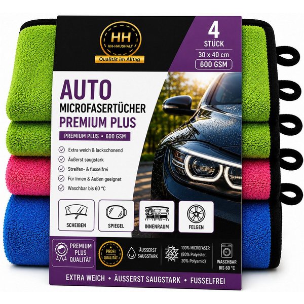 HH-Haushalt Auto Microfasertücher Premium Soft 600 GSM 30 x 40 cm 4er Set Pflegetuch (Polyester, 30x40 cm, Ultra Dry – Stark absorbierend, fusselfrei, weich, 20