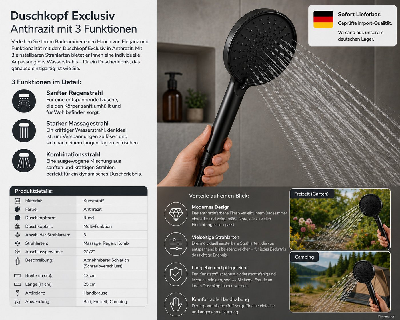 HH-Haushalt Handbrause Duschkopf Exclusiv Anthrazit mit 3 Funktionen – Bild 2 von 2