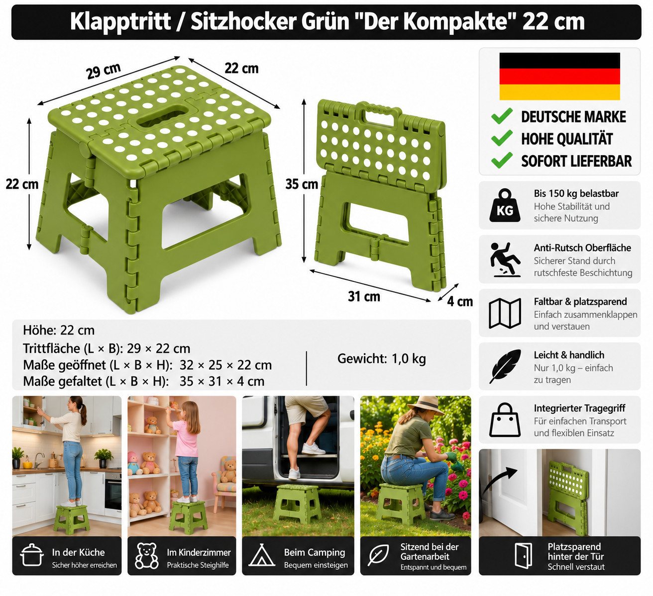 HH-Haushalt Klapptritt Klapphocker, Klapptritt 22 cm für Kinder faltbar bis 150 kg Grün – Bild 2 von 4