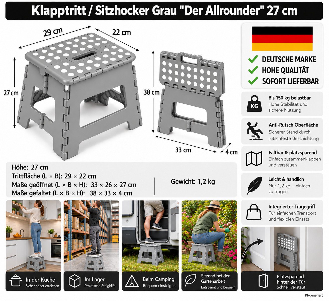 HH-Haushalt Klapptritt Klapphocker, Klapptritt 27 cm faltbar bis 150 kg Grau – Allrounder – Bild 2 von 5