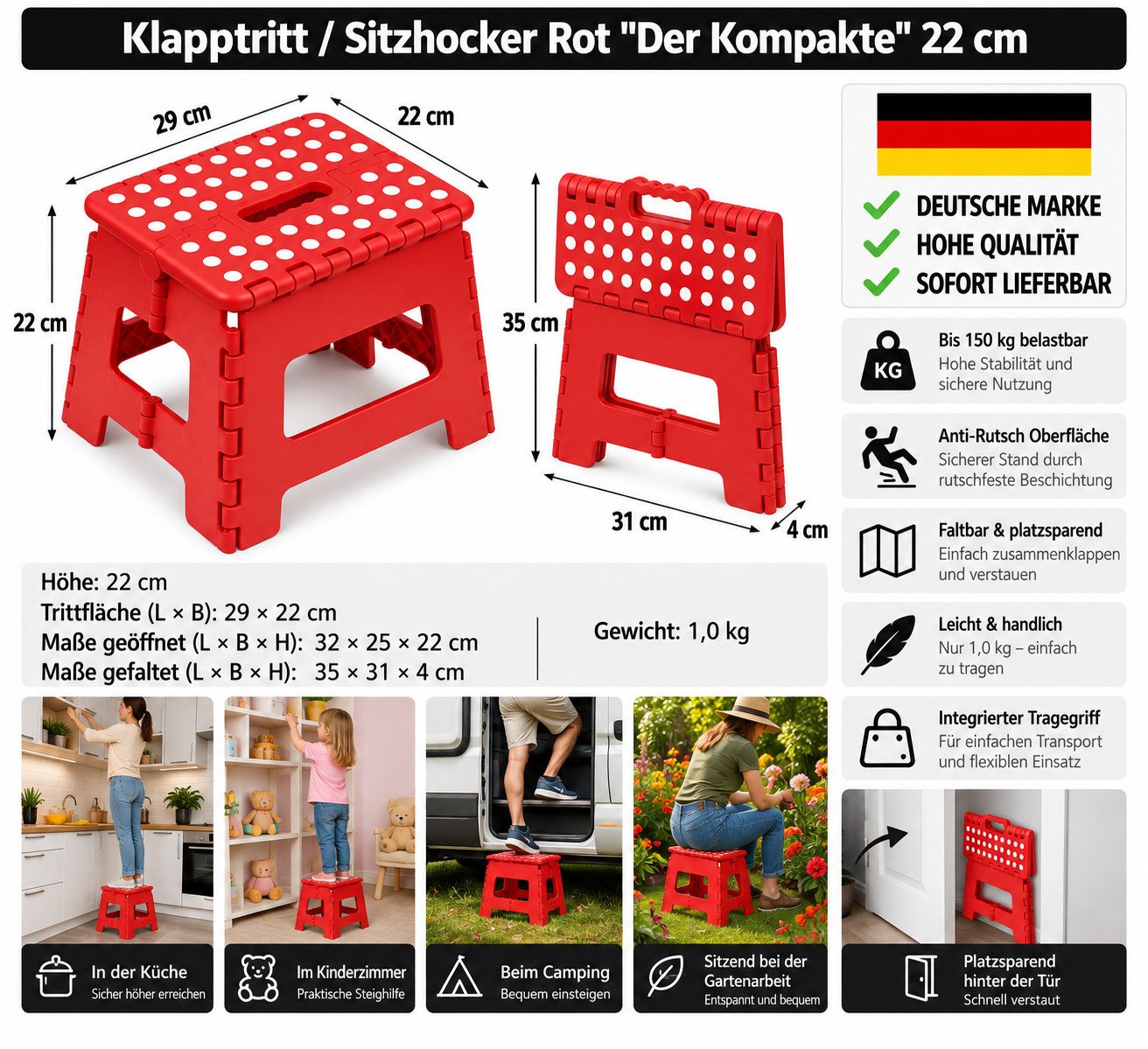 HH-Haushalt Klapptritt Klapphocker, Klapptritt 22 cm für Kinder faltbar bis 150 kg Rot – Bild 2 von 4