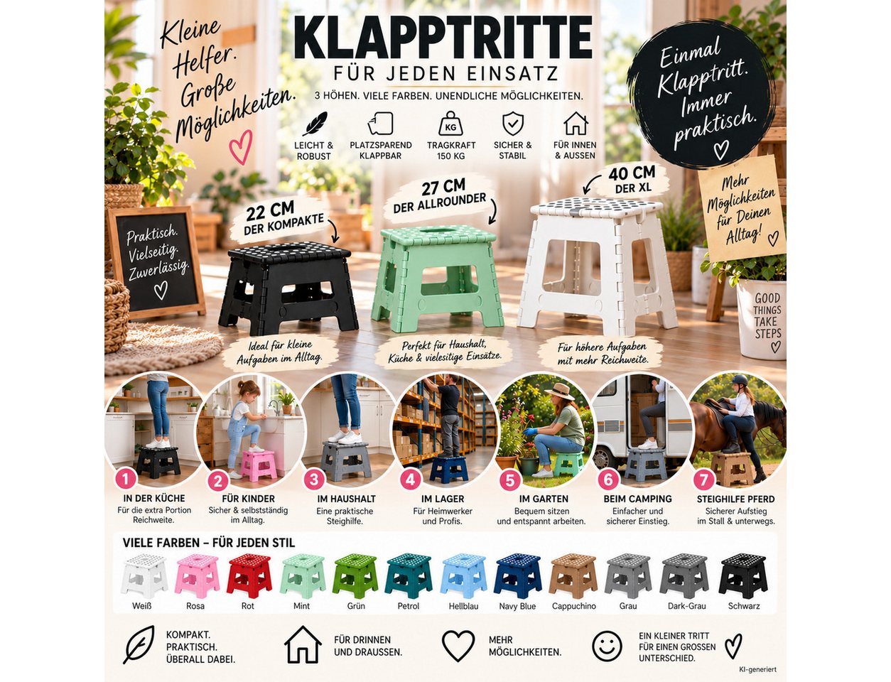 HH-Haushalt Klapptritt Klapphocker, Klapptritt 22 cm für Kinder faltbar bis 150 kg Rot – Bild 4 von 4