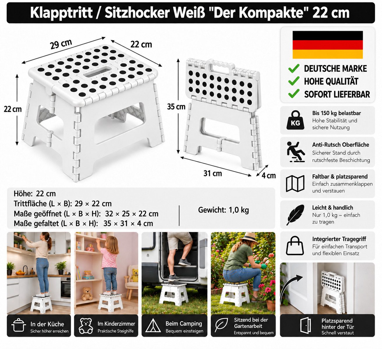 HH-Haushalt Klapptritt Klapphocker, Klapptritt 22 cm für Kinder faltbar bis 150 kg Weiß – Bild 2 von 4