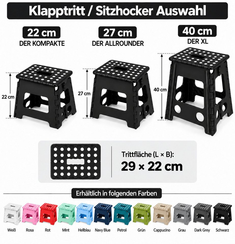 HH-Haushalt Klapptritt Klapphocker, Klapptritt 22 cm für Kinder faltbar bis 150 kg Weiß – Bild 3 von 4