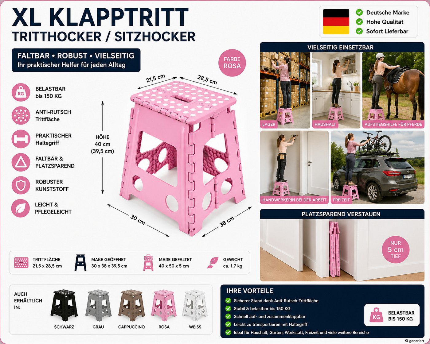 HH-Haushalt Klapptritt XL Klapphocker, Klapptritt, Steighilfe 40 cm faltbar bis 150 kg Rosa – Bild 2 von 3