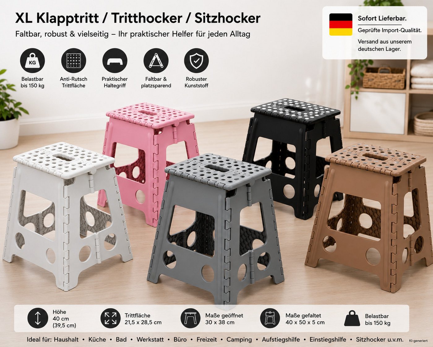 HH-Haushalt Klapptritt XL Klapphocker, Klapptritt, Steighilfe 40 cm faltbar bis 150 kg Rosa – Bild 3 von 3