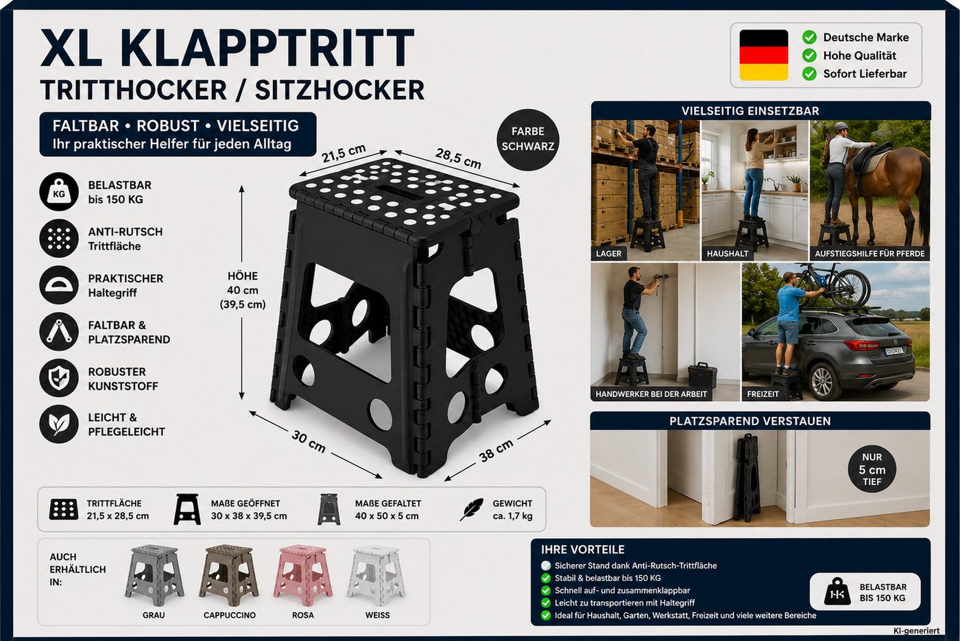 HH-Haushalt Klapptritt XL Klapphocker, Klapptritt, Steighilfe 40cm faltbar bis 150kg Schwarz – Bild 2 von 3