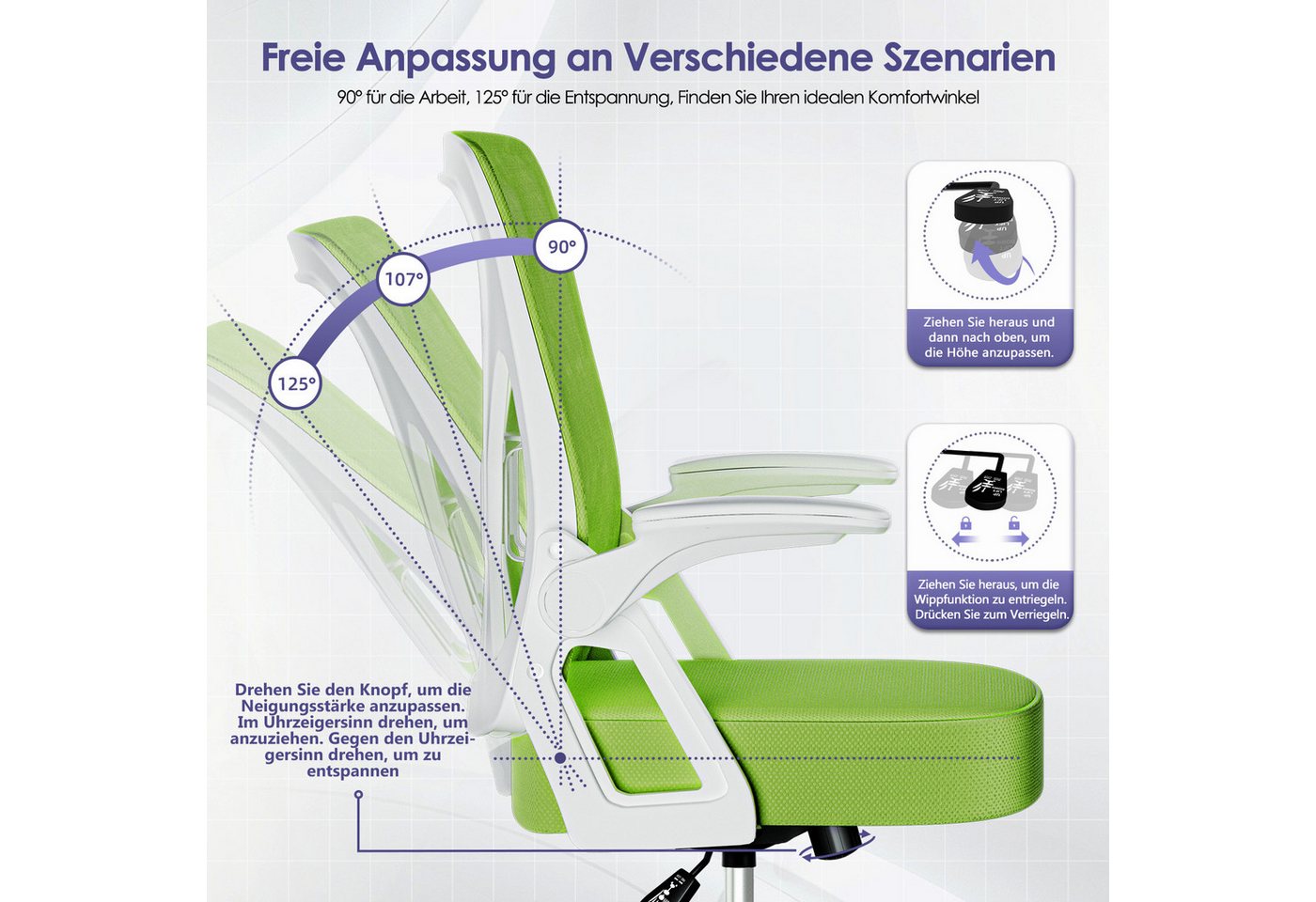Hiazurm Bürostuhl Bürostuhl,Chefsessel aus Mesh,Ergonomischer Schreibtischstuhl (Verstellbarer Armlehnen, Lendenwirbelstütze,Drehstuhl Wippfunktion,Atmungsaktiv – Bild 3 von 5