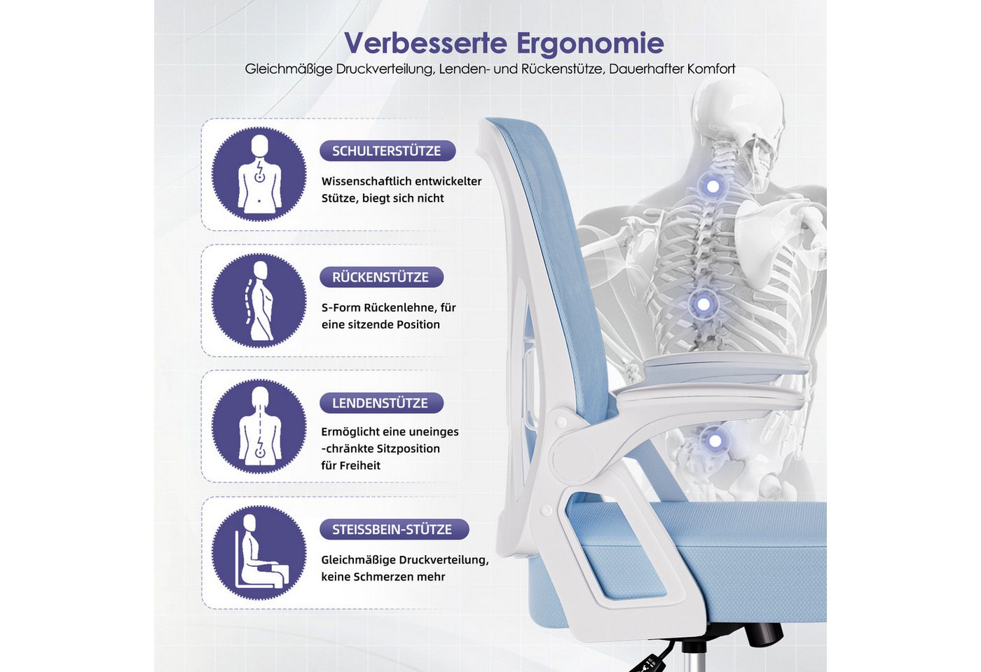 Hiazurm Bürostuhl Bürostuhl,Chefsessel aus Mesh,Ergonomischer Schreibtischstuhl (Verstellbarer Armlehnen, Lendenwirbelstütze,Drehstuhl Wippfunktion,Atmungsaktiv – Bild 2 von 5