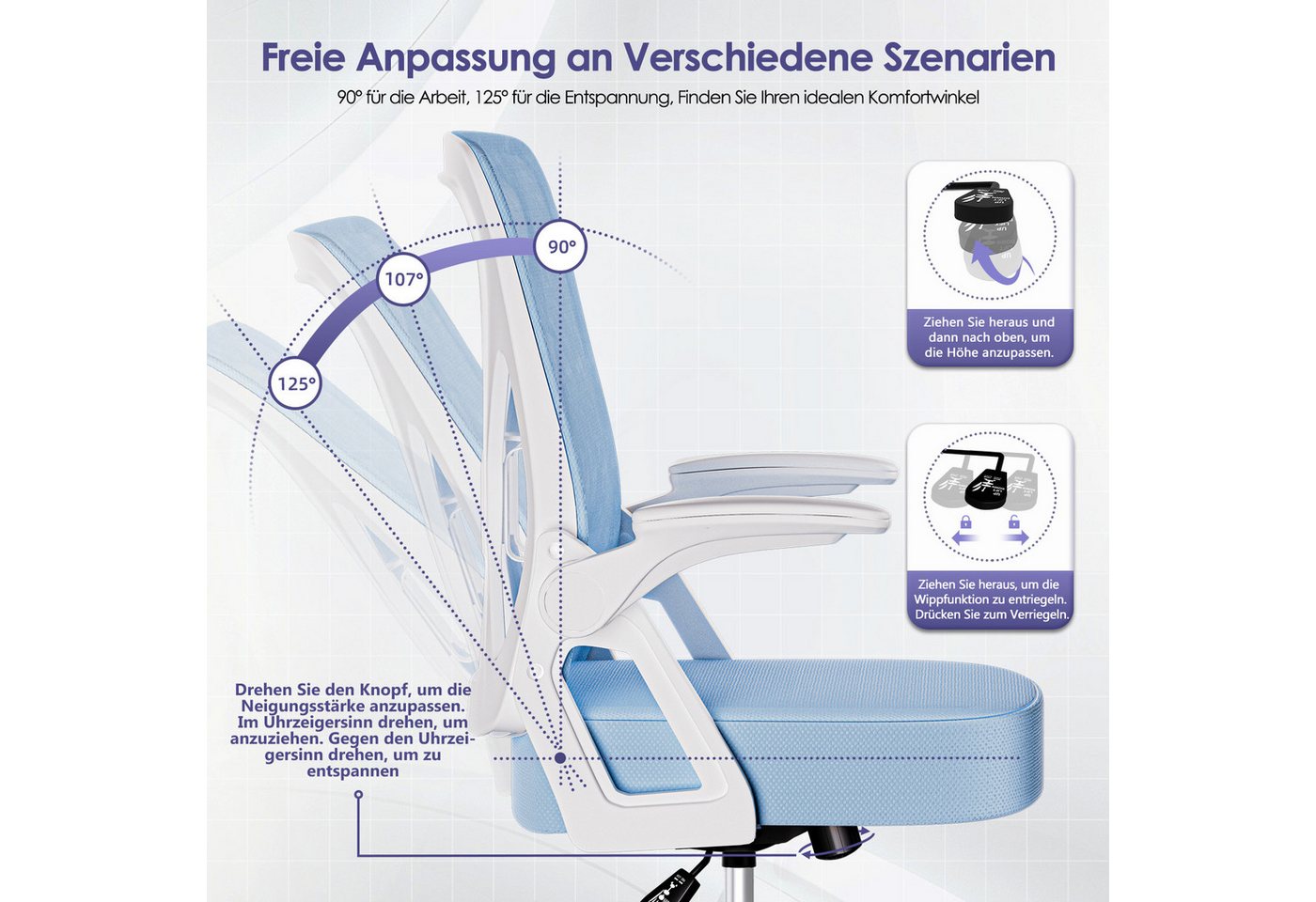 Hiazurm Bürostuhl Bürostuhl,Chefsessel aus Mesh,Ergonomischer Schreibtischstuhl (Verstellbarer Armlehnen, Lendenwirbelstütze,Drehstuhl Wippfunktion,Atmungsaktiv – Bild 4 von 5