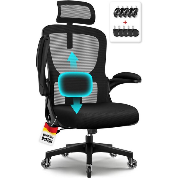 Hiazurm Bürostuhl Bürostuhl, Schreibtischstuhl mit 5D-Lendenwirbelstütze und Kopfstütze (Drehstuhl, Chefsessel Wippfunktion 90°-135°,90° Klappbare Armlehnen,lei