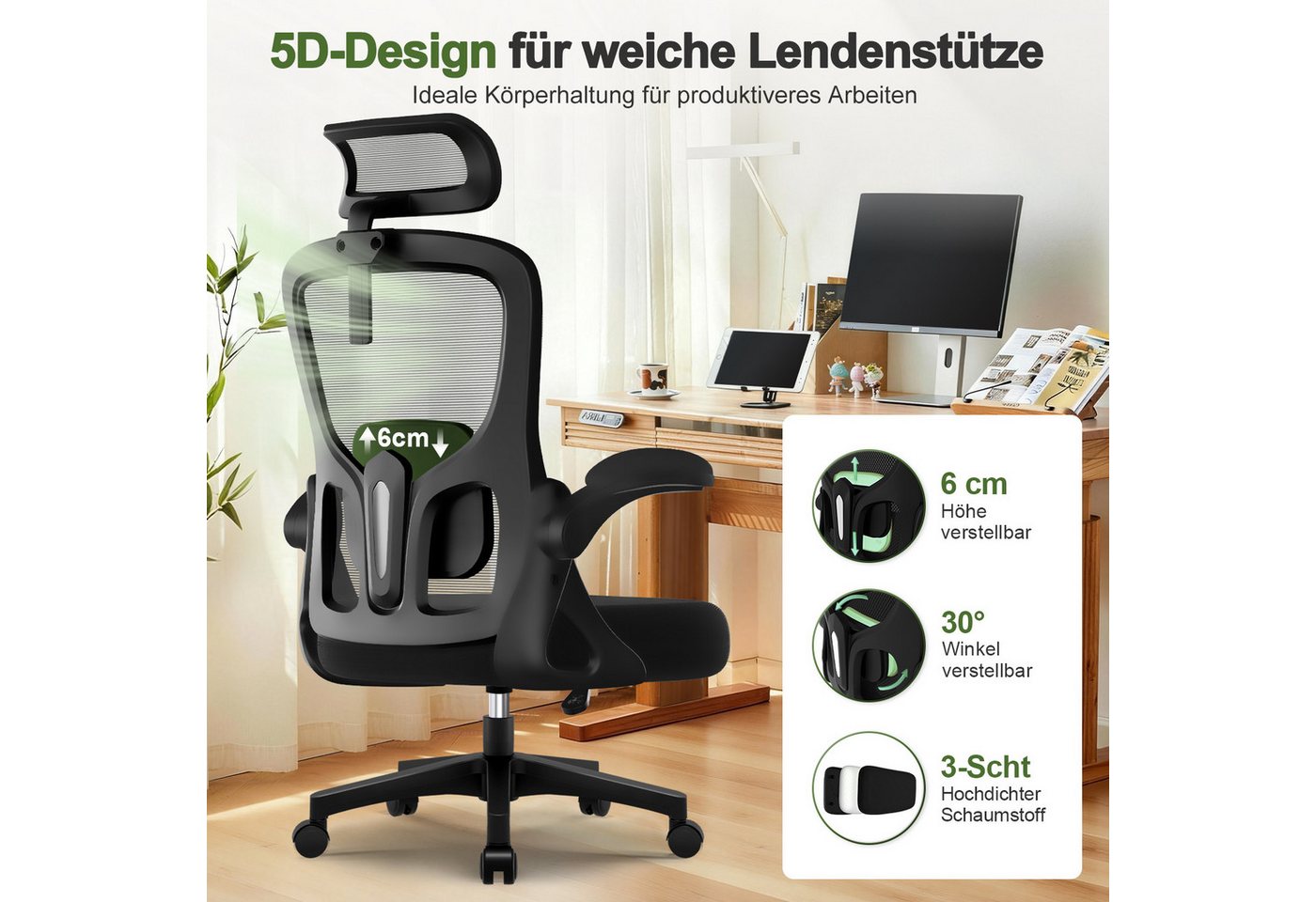 Hiazurm Bürostuhl Bürostuhl, Schreibtischstuhl mit 5D-Lendenwirbelstütze und Kopfstütze (Drehstuhl, Chefsessel Wippfunktion 90°-135°,90° Klappbare Armlehnen,lei – Bild 4 von 5
