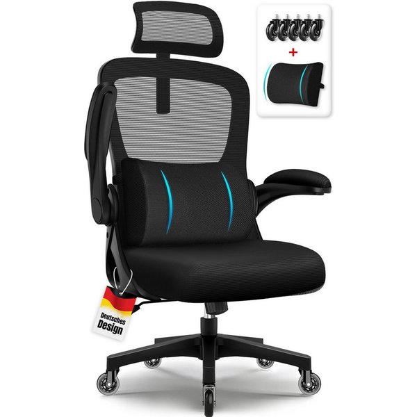 Hiazurm Bürostuhl Bürostuhl, Schreibtischstuhl mit 5D-Lendenwirbelstütze und Kopfstütze (Drehstuhl, Chefsessel Wippfunktion 90°-135°,90° Klappbare Armlehnen,lei