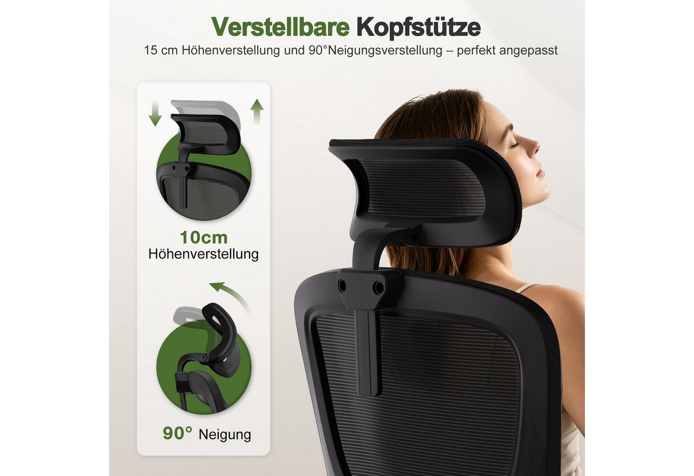 Hiazurm Bürostuhl Bürostuhl, Schreibtischstuhl mit 5D-Lendenwirbelstütze und Kopfstütze (Drehstuhl, Chefsessel Wippfunktion 90°-135°,90° Klappbare Armlehnen,lei – Bild 5 von 5