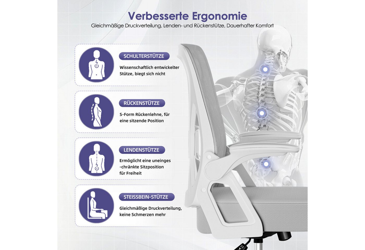 Hiazurm Bürostuhl Bürostuhl,Chefsessel aus Mesh,Ergonomischer Schreibtischstuhl (Verstellbarer Armlehnen, Lendenwirbelstütze,Drehstuhl Wippfunktion,Atmungsaktiv – Bild 2 von 5