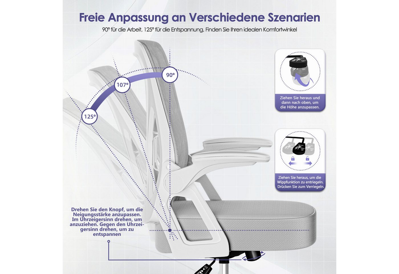 Hiazurm Bürostuhl Bürostuhl,Chefsessel aus Mesh,Ergonomischer Schreibtischstuhl (Verstellbarer Armlehnen, Lendenwirbelstütze,Drehstuhl Wippfunktion,Atmungsaktiv – Bild 4 von 5