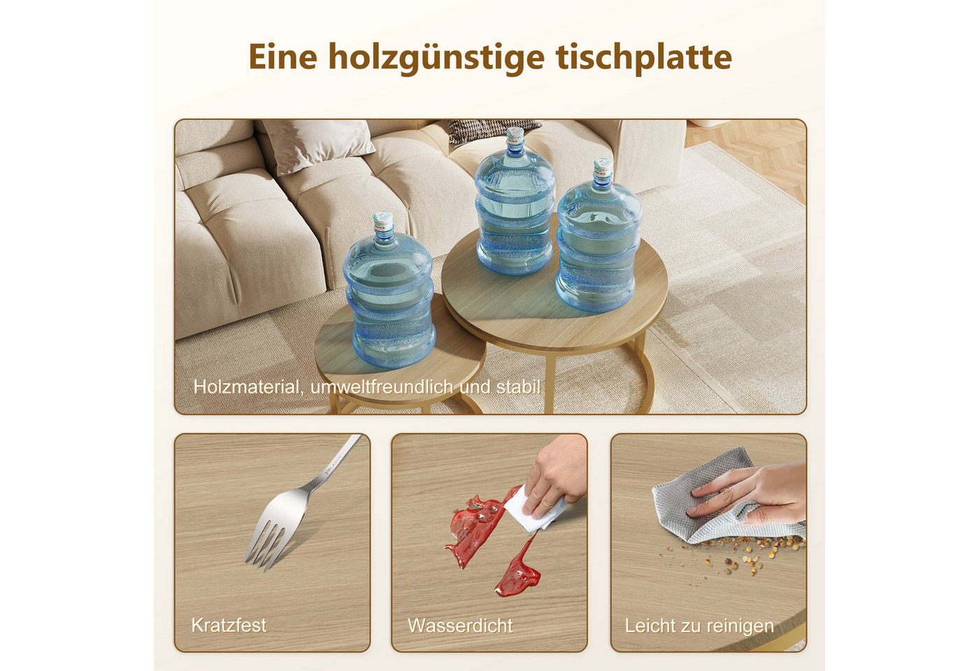 Hiazurm Couchtisch Couchtisch 2er Set mit Marmormuster, Kaffeetisch, Beistelltisch (Satztisch für Wohnzimmer & Büro & Schlafzimme & Balkon, 2er Set), 70x45cm+50 – Bild 3 von 5