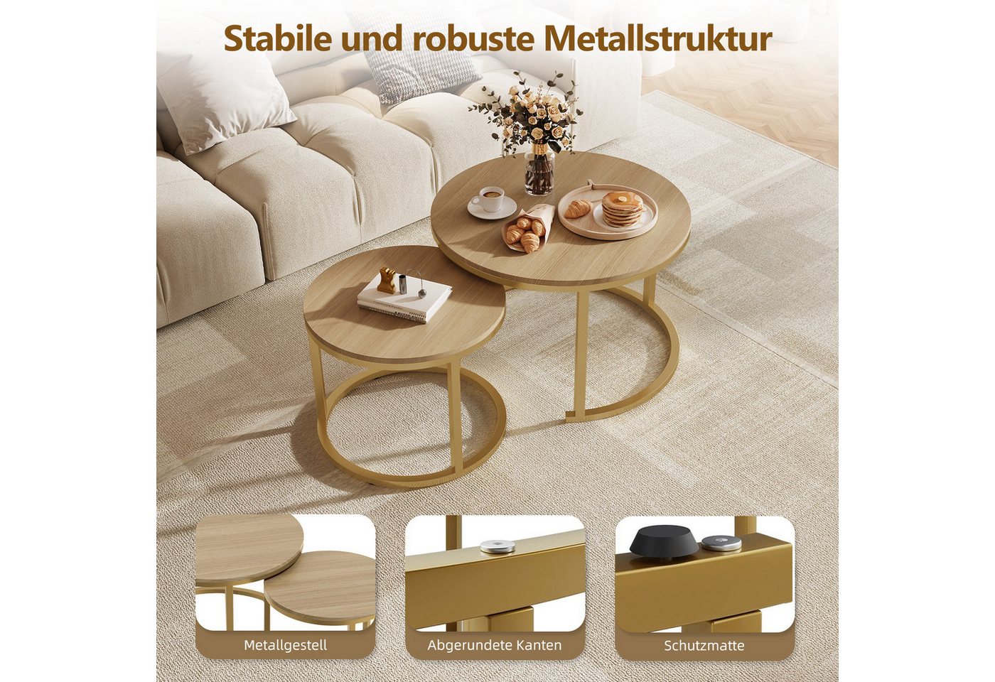 Hiazurm Couchtisch Couchtisch 2er Set mit Marmormuster, Kaffeetisch, Beistelltisch (Satztisch für Wohnzimmer & Büro & Schlafzimme & Balkon, 2er Set), 70x45cm+50 – Bild 4 von 5
