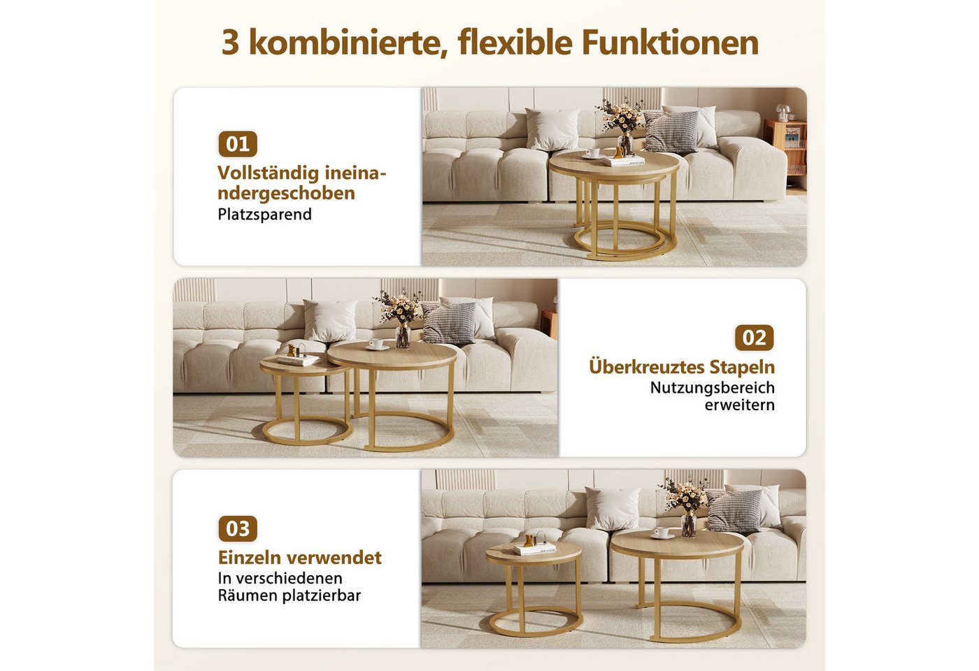 Hiazurm Couchtisch Couchtisch 2er Set mit Marmormuster, Kaffeetisch, Beistelltisch (Satztisch für Wohnzimmer & Büro & Schlafzimme & Balkon, 2er Set), 70x45cm+50 – Bild 5 von 5
