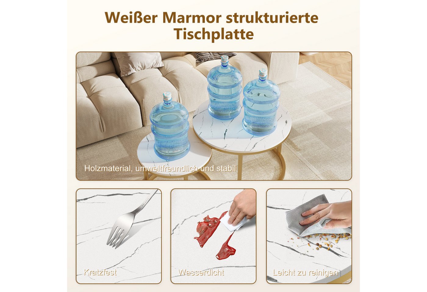Hiazurm Couchtisch Couchtisch 2er Set mit Marmormuster, Kaffeetisch, Beistelltisch (Satztisch für Wohnzimmer & Büro & Schlafzimme & Balkon, 2er Set), 70x45cm+50 – Bild 3 von 5