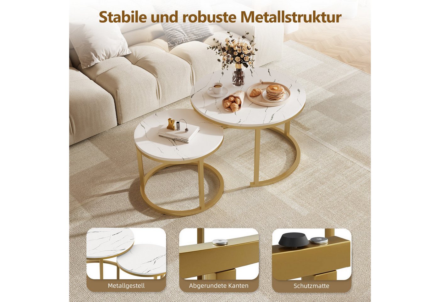 Hiazurm Couchtisch Couchtisch 2er Set mit Marmormuster, Kaffeetisch, Beistelltisch (Satztisch für Wohnzimmer & Büro & Schlafzimme & Balkon, 2er Set), 70x45cm+50 – Bild 5 von 5