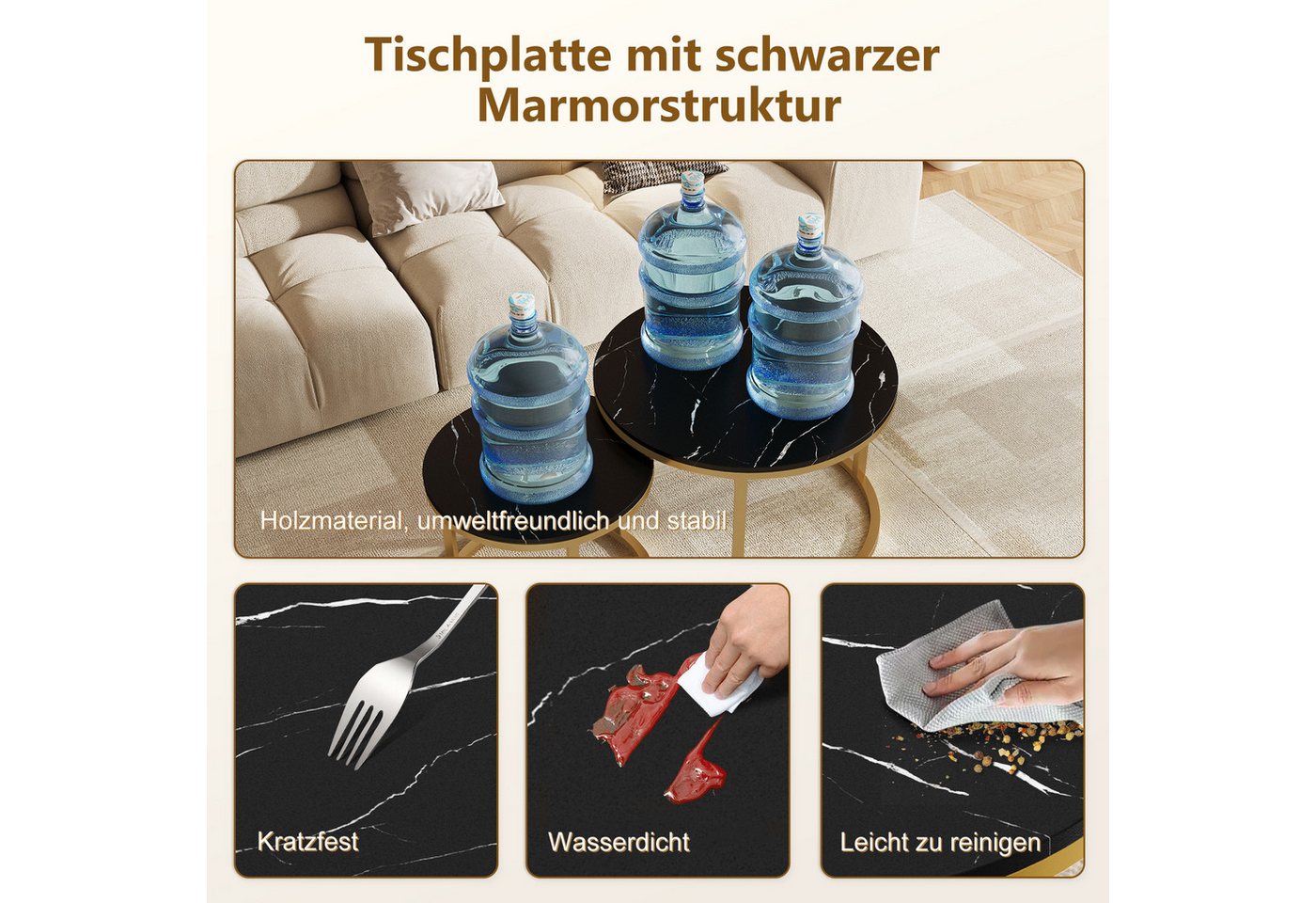 Hiazurm Couchtisch Couchtisch 2er Set mit Marmormuster, Kaffeetisch, Beistelltisch (Satztisch für Wohnzimmer & Büro & Schlafzimme & Balkon, 2er Set), 70x45cm+50 – Bild 3 von 5