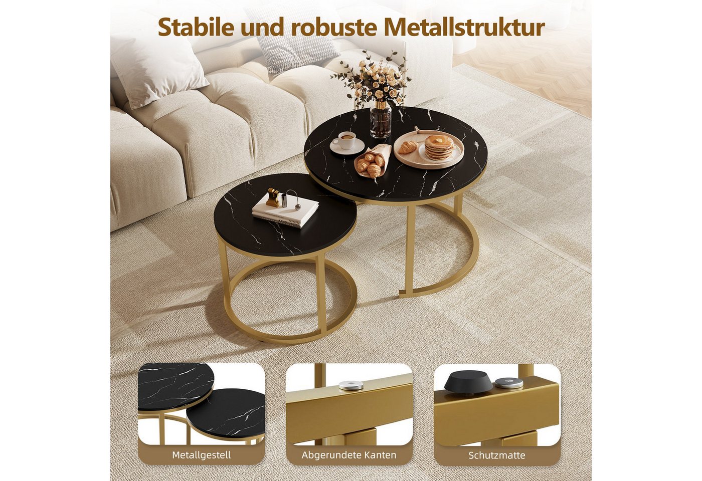Hiazurm Couchtisch Couchtisch 2er Set mit Marmormuster, Kaffeetisch, Beistelltisch (Satztisch für Wohnzimmer & Büro & Schlafzimme & Balkon, 2er Set), 70x45cm+50 – Bild 4 von 5