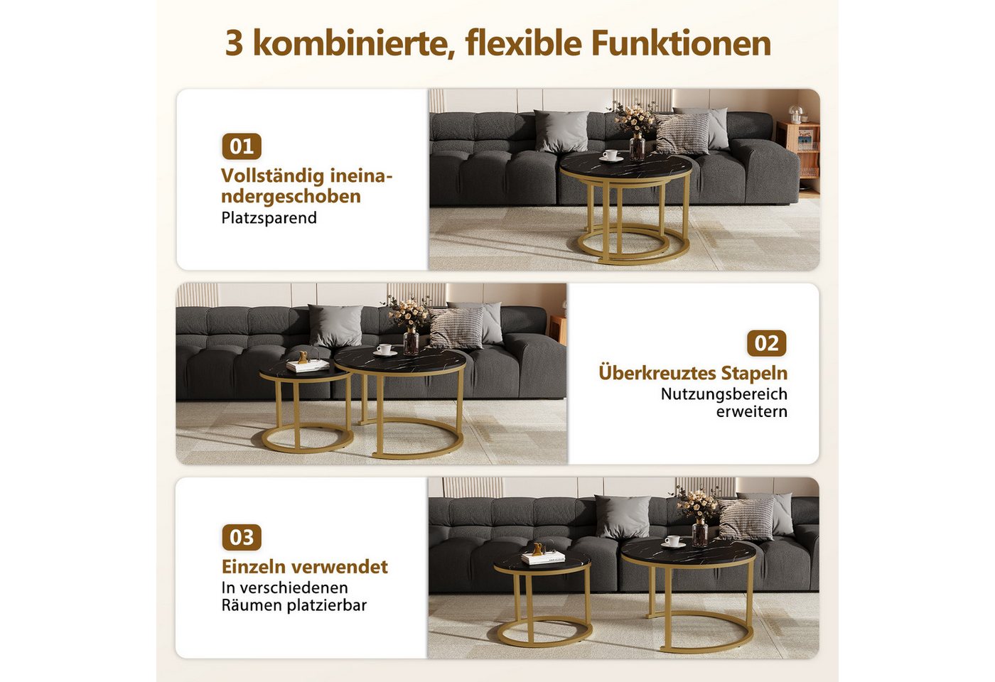 Hiazurm Couchtisch Couchtisch 2er Set mit Marmormuster, Kaffeetisch, Beistelltisch (Satztisch für Wohnzimmer & Büro & Schlafzimme & Balkon, 2er Set), 70x45cm+50 – Bild 5 von 5