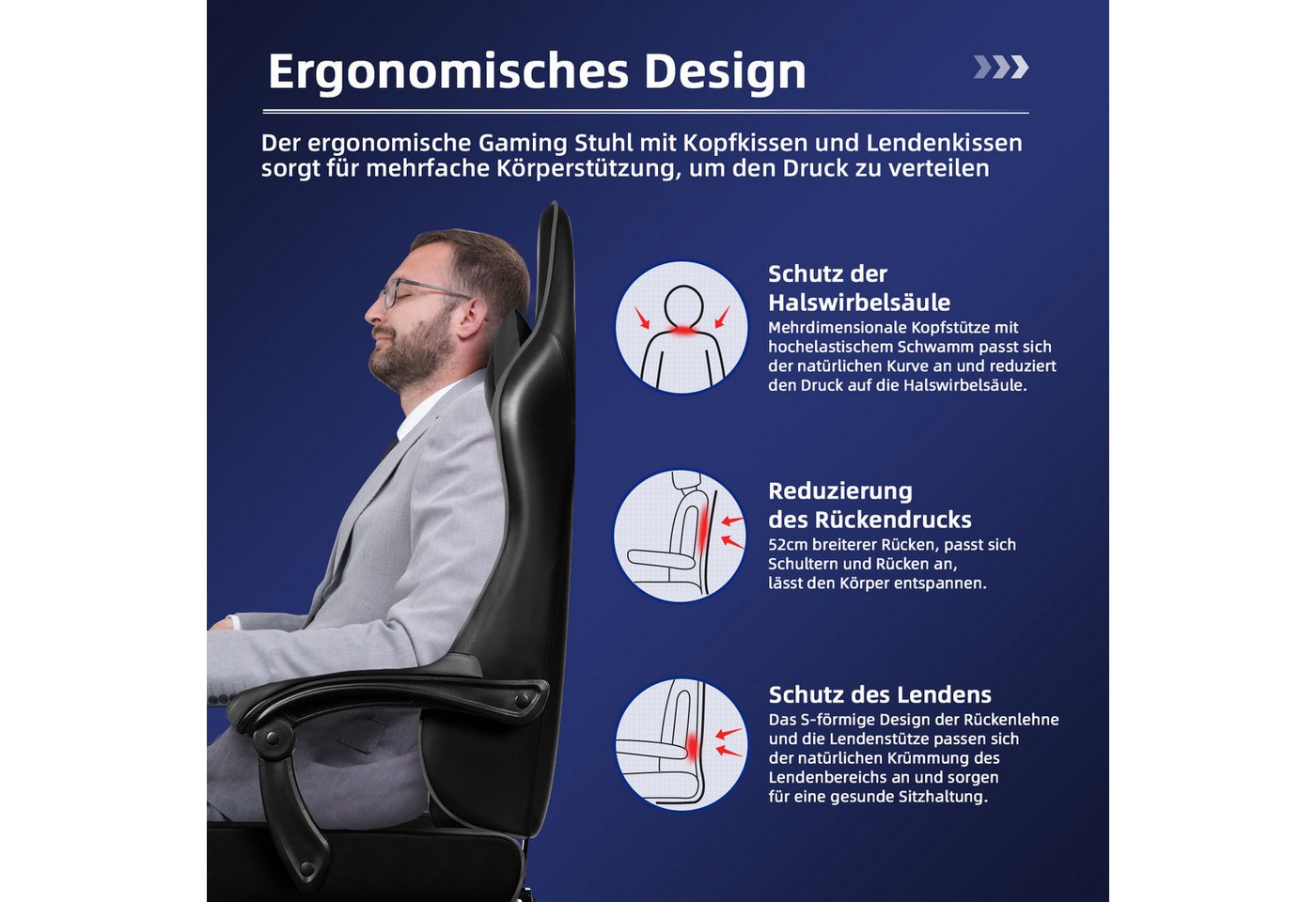 Hiazurm Gaming-Stuhl Gaming Stuhl, Bürostuhl Ergonomisch Wippfunktion bis zu 170° (Gaming Chair mit Fußstütze, 10 cm Höhenverstellung), Verstellbarem Lenden- &  – Bild 2 von 5